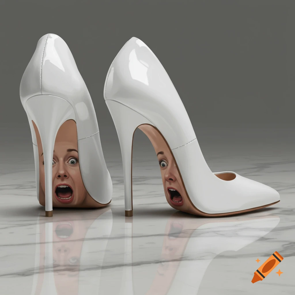 Two white high-heeled stilettos with scared human faces on their soles, reflecting on a marble floor.