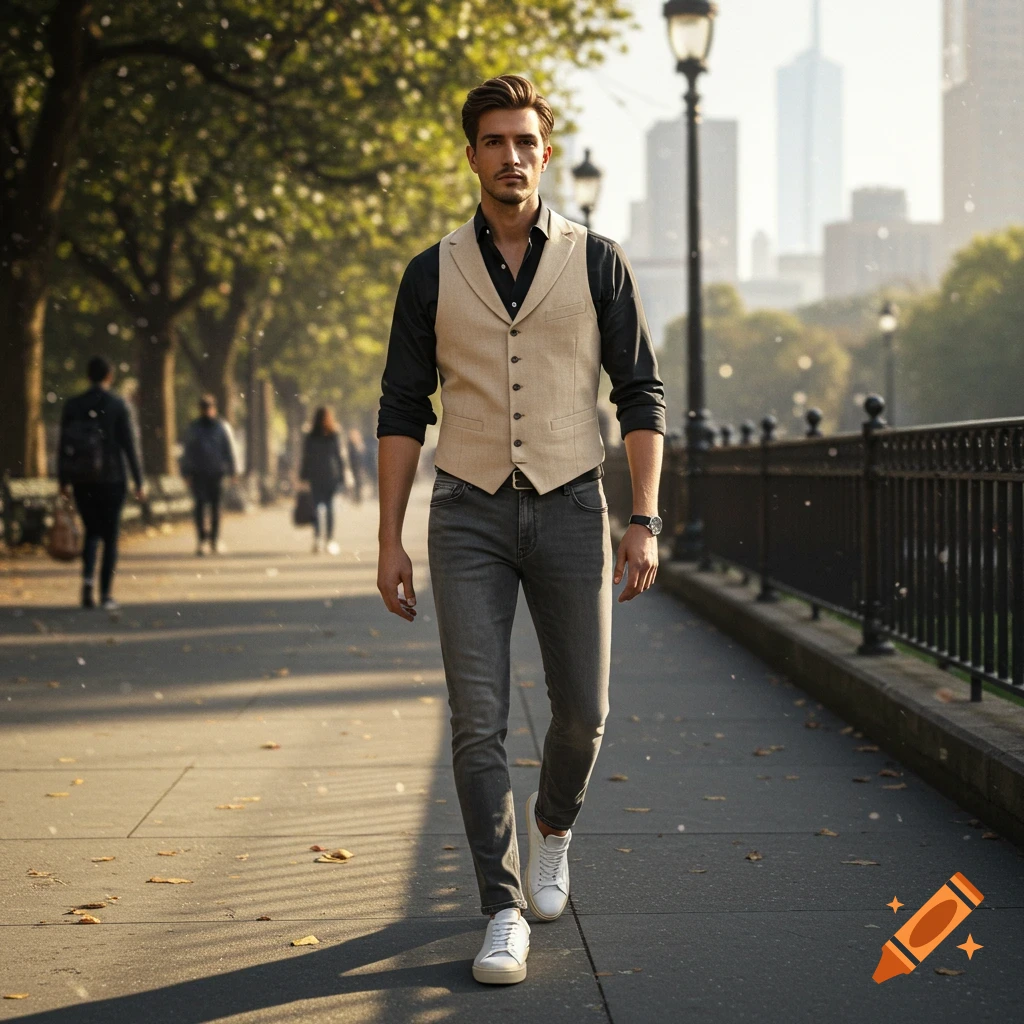 A man in a beige vest, black shirt, gray jeans, and white sneakers walks on a sunny, tree-lined city sidewalk. Photorealistic.