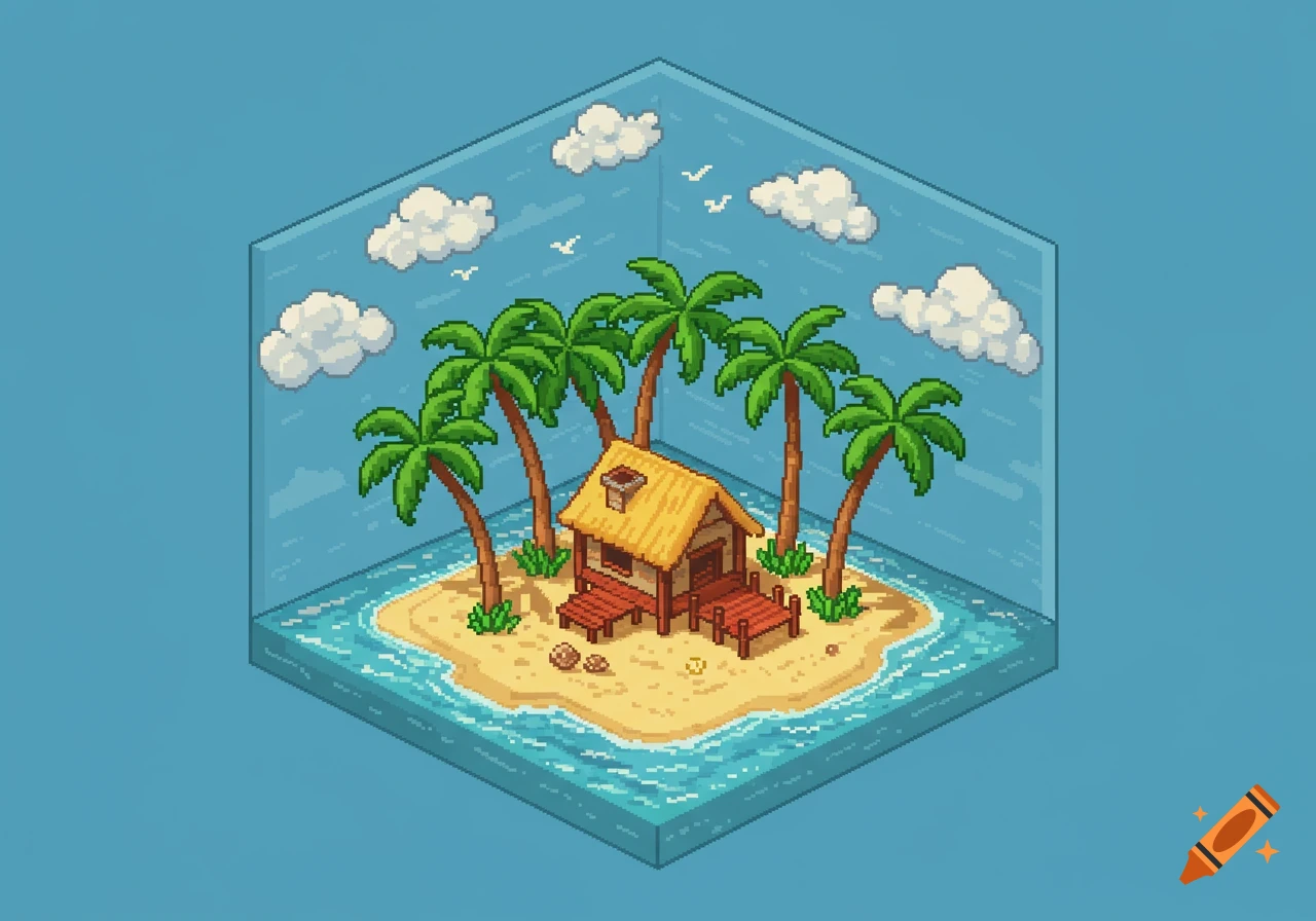 A pixel art isometric view of a small tropical island with a hut, palm trees, and ocean waves contained within a blue cuboid.