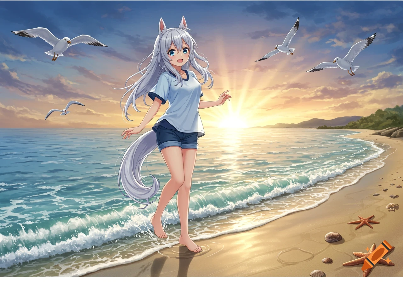 Anime girl with white hair, animal ears, and tail smiles while standing barefoot on a sandy beach at sunset with waves and seagulls.