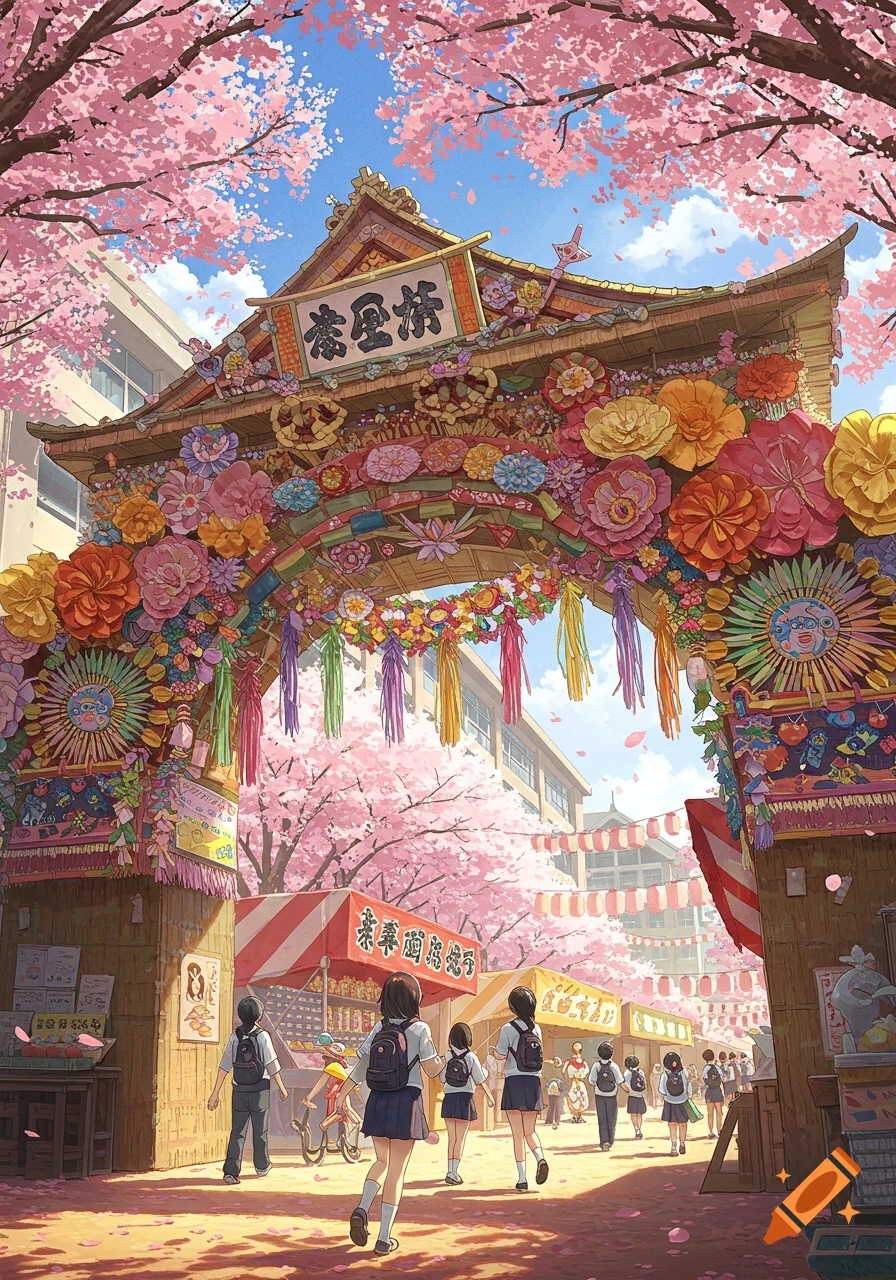 Anime school festival with students walking through a floral arch under cherry blossoms, past food stalls.