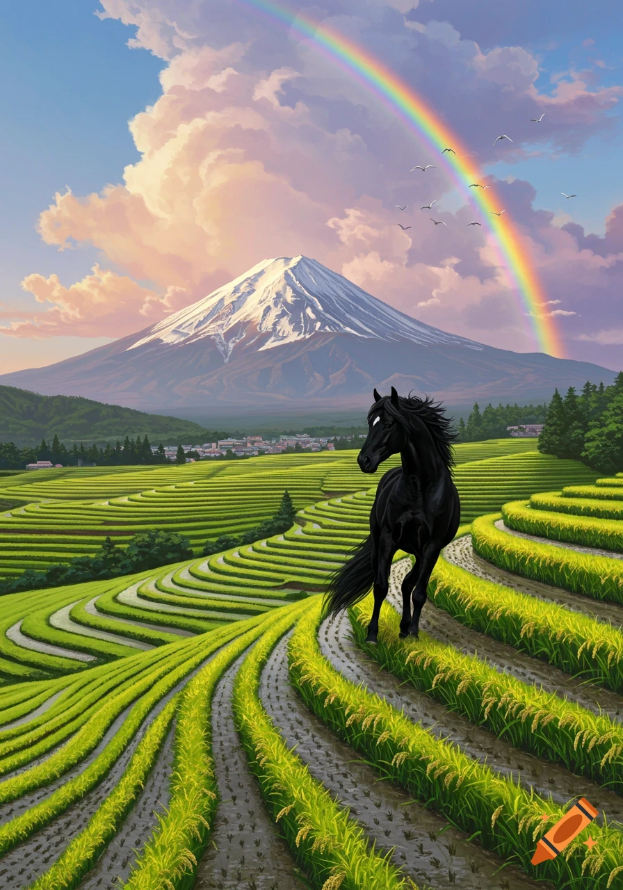 A black horse with white eyes stands in green terraced rice fields, with Mount Fuji and a rainbow in the background.