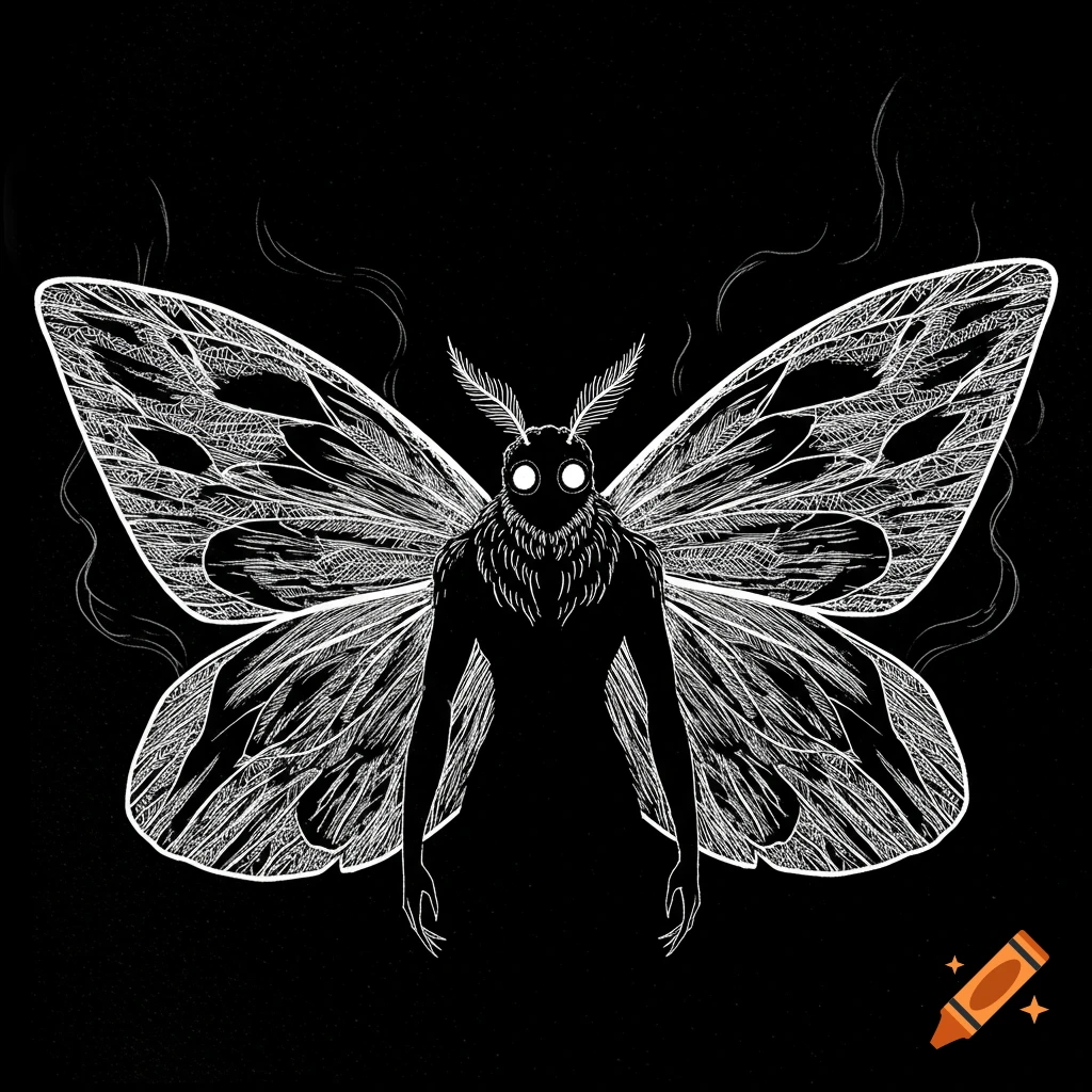 A stylized black and white ink drawing of Mothman, featuring glowing eyes, feathery antennae, large textured wings, and a shadowy form.