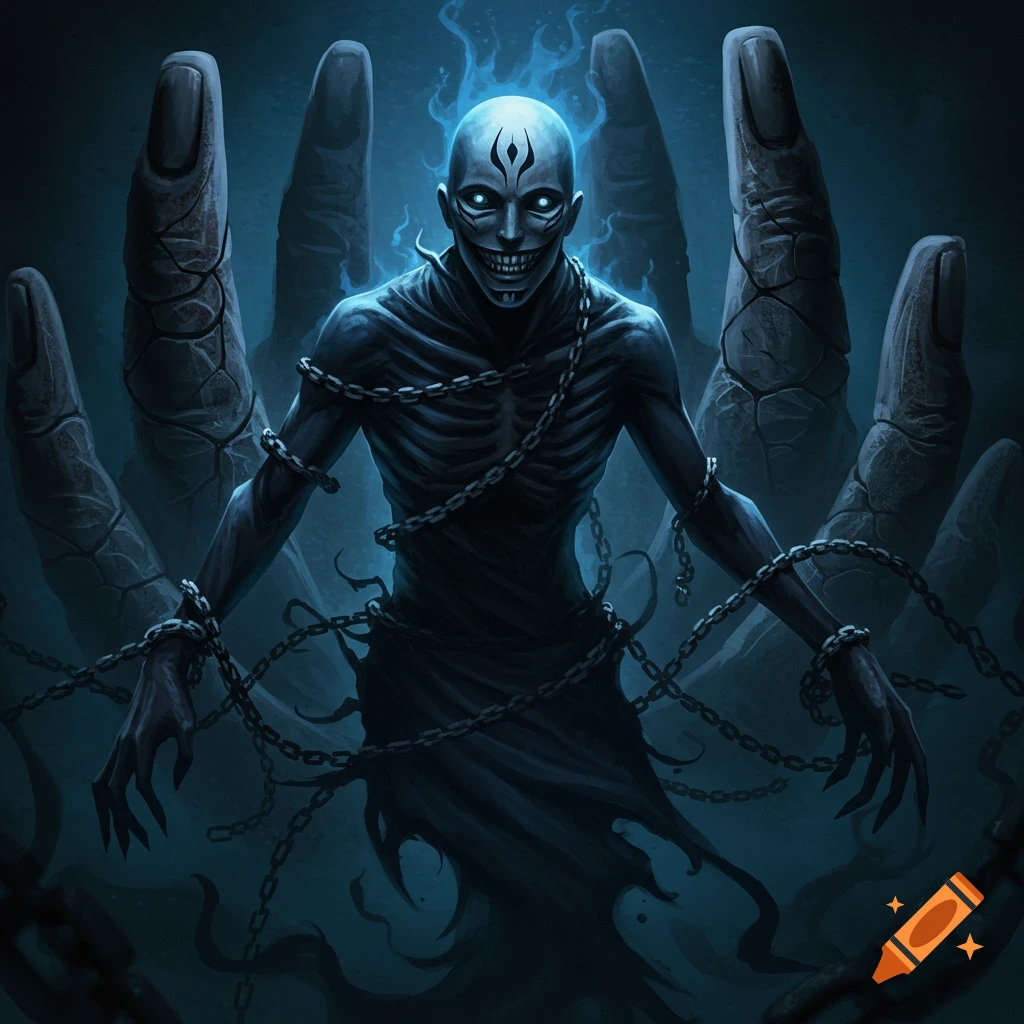 A dark blue ghostly curse figure with glowing eyes and a creepy smile, covered in chains, against giant dark fingers.