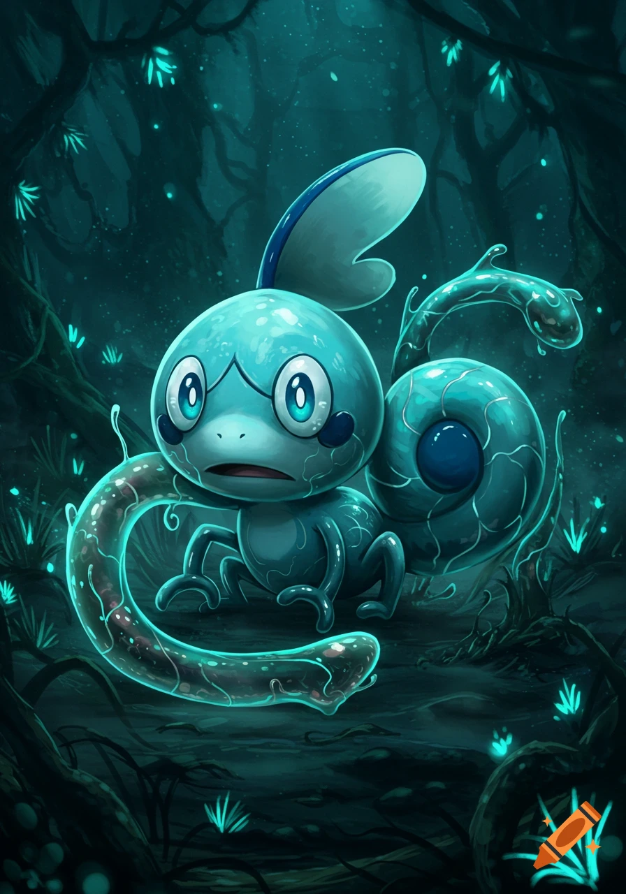 A blue, frog-like Pokémon with glowing, slimy symbiote features stands in a dark, bioluminescent forest.
