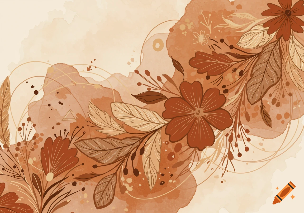 A modern boho floral and botanical composition with watercolor textures in a warm brown and beige palette.