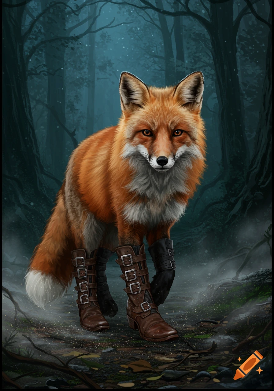 A red fox wearing buckled leather boots stands in a misty dark forest. Digital art.