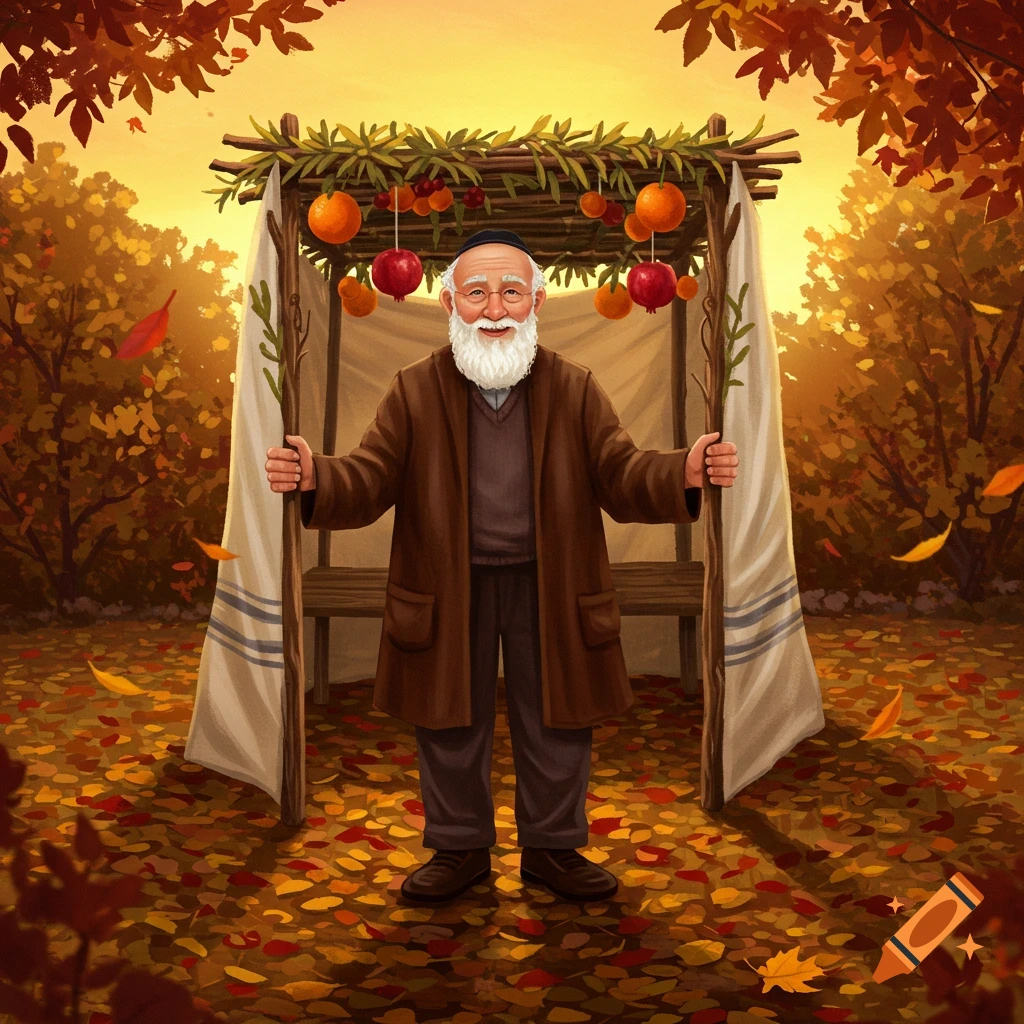 Illustration of a smiling old Jewish man with a white beard in front of a Sukkah decorated with pomegranates and oranges in an autumn forest.