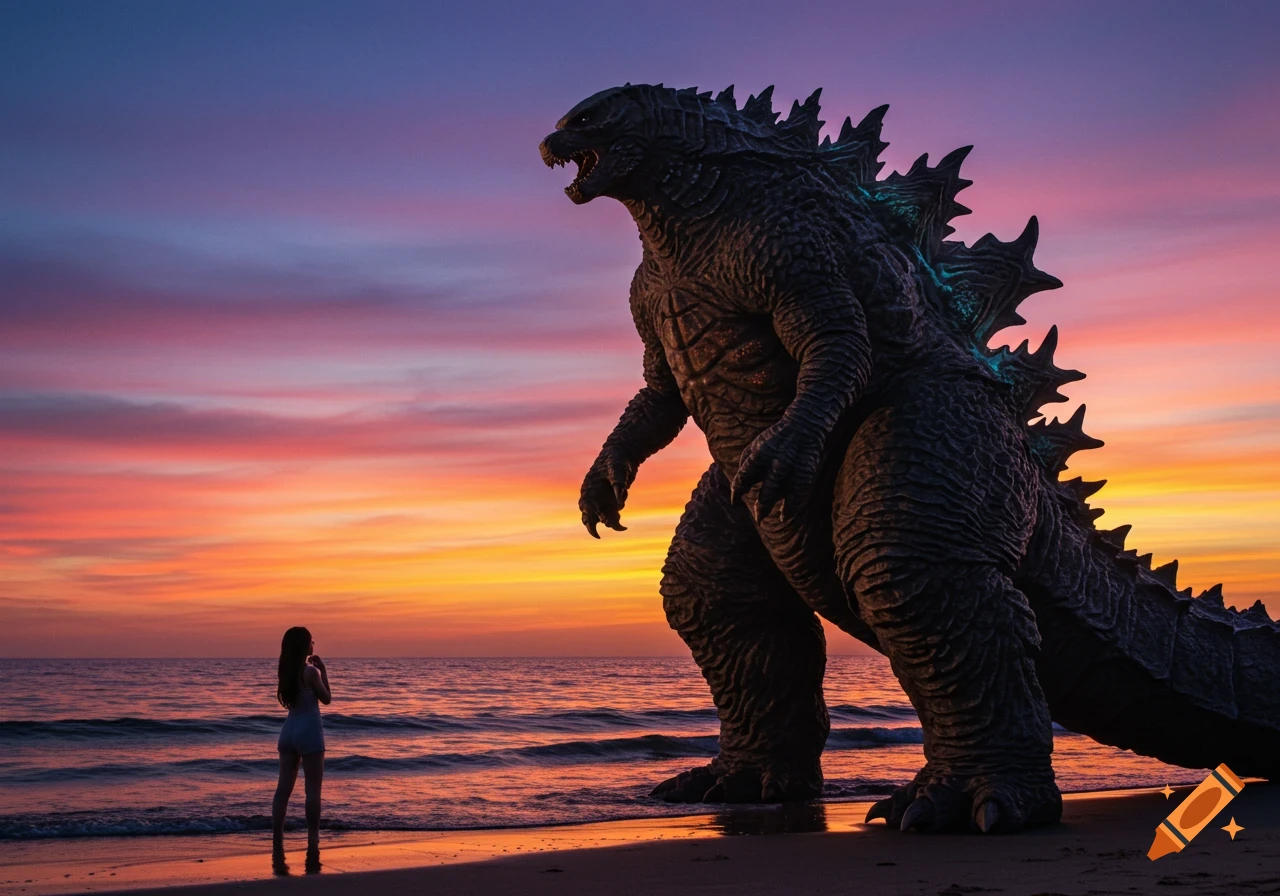 A giant Godzilla stands on a beach next to a woman silhouetted against a vibrant sunset.