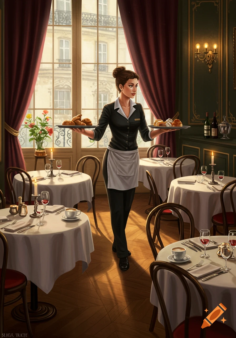 A woman in a black uniform and white apron carries two trays of pastries through a Parisian restaurant with tables set by a large window.