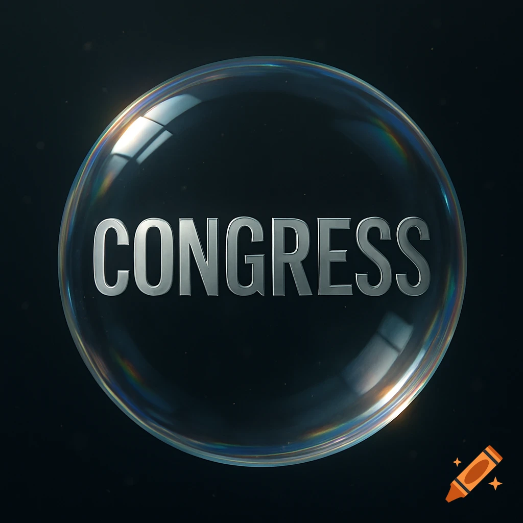 A metallic silver word "CONGRESS" inside a clear, reflective bubble against a dark, speckled background.