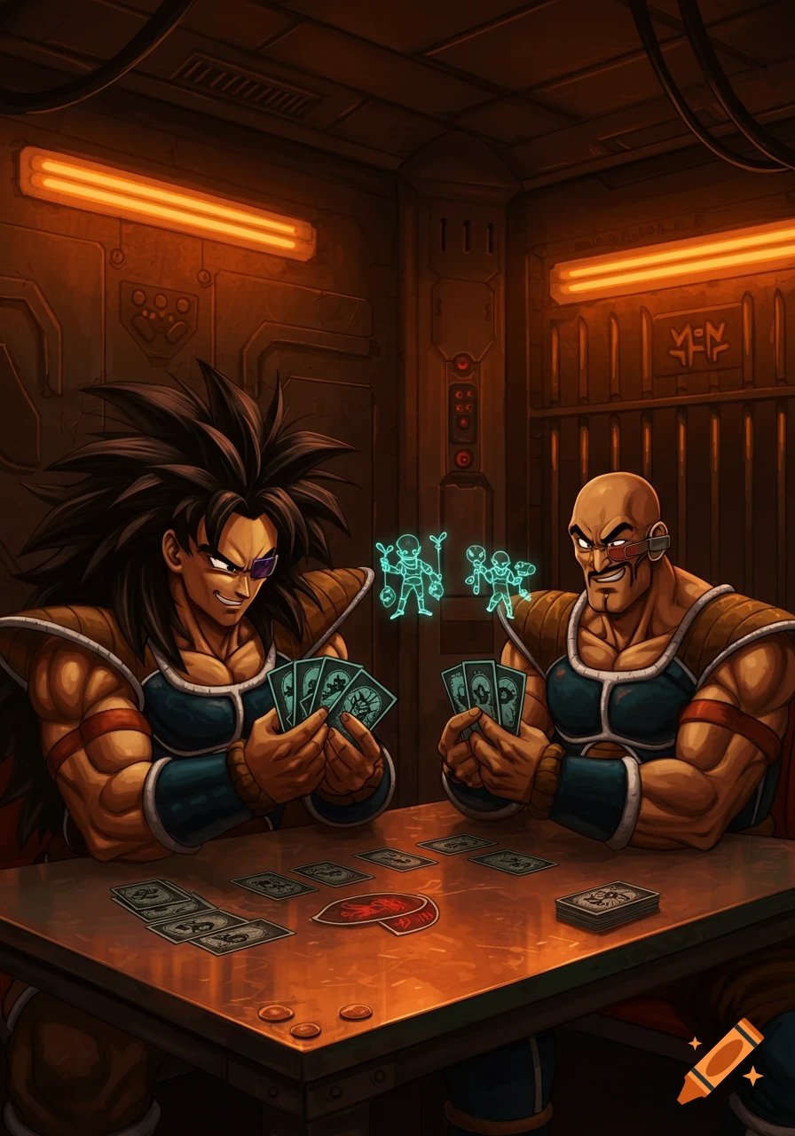 Raditz and Nappa from Dragon Ball play cards in a dimly lit, futuristic prison room with holographic figures.