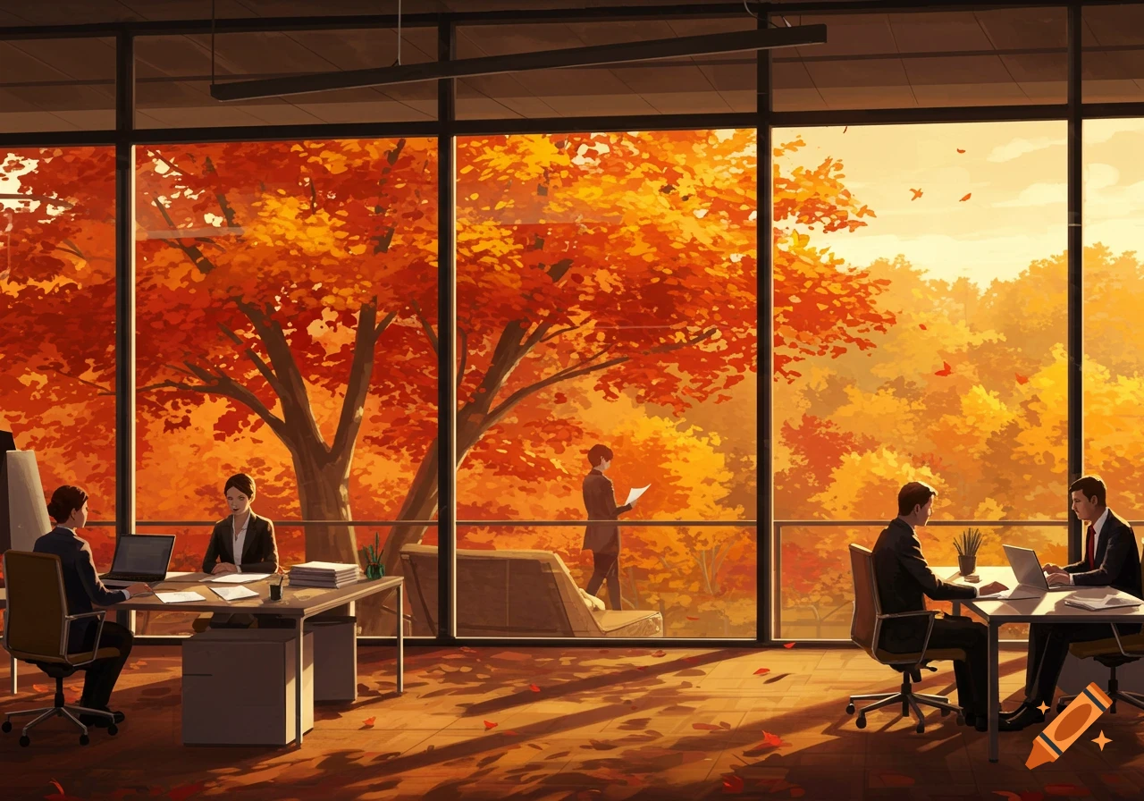 Office workers in a modern office with large windows overlooking a vibrant autumn landscape with red and orange trees.