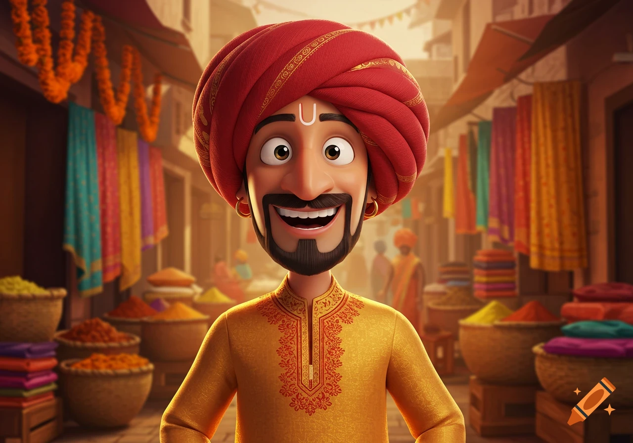A cheerful 3D cartoon Indian man in a red turban and gold tunic smiles in a vibrant marketplace with colorful spices.
