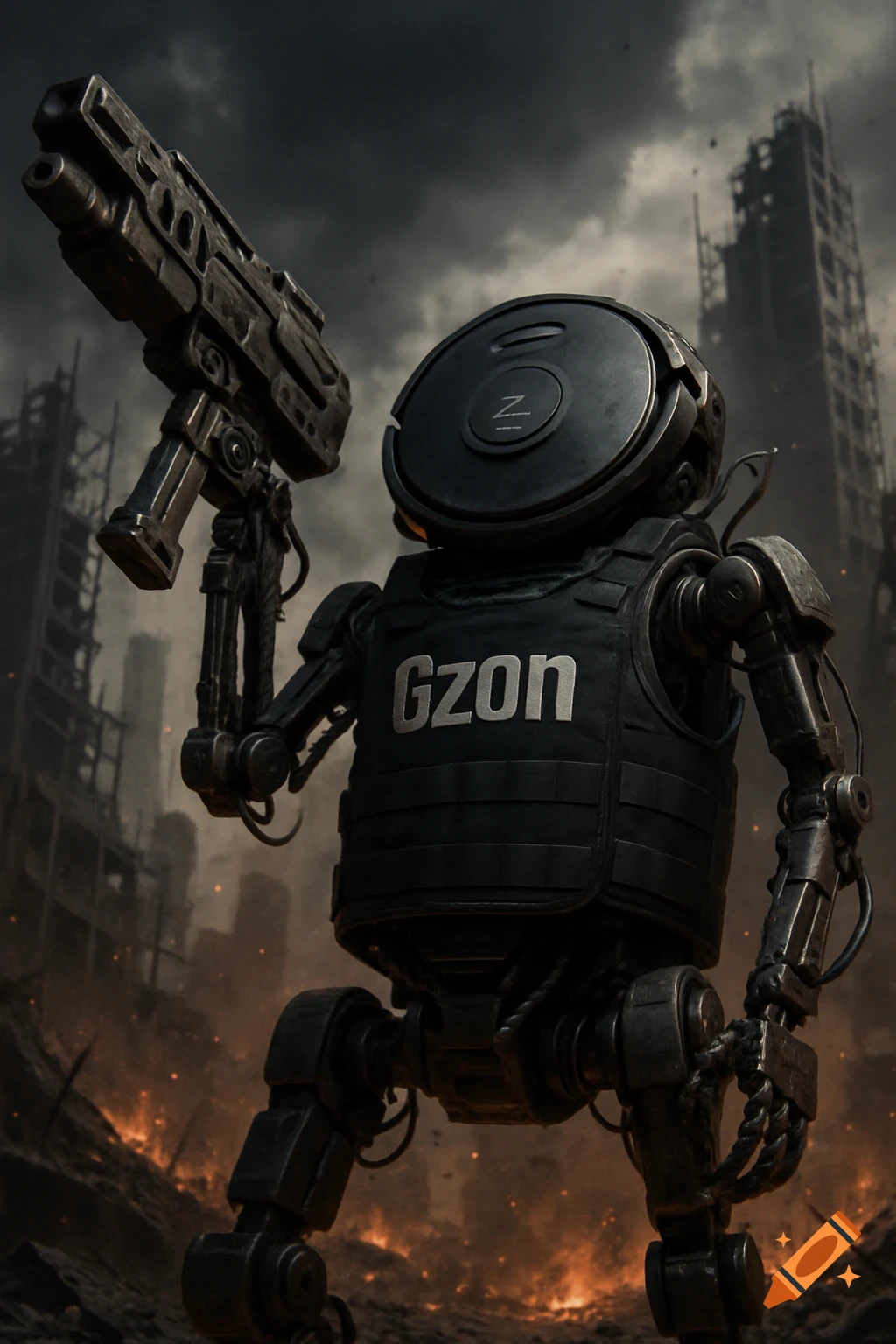A futuristic robot in a bulletproof vest holding a sci-fi weapon in a destroyed, burning cityscape, rendered in a hyper-realistic style.