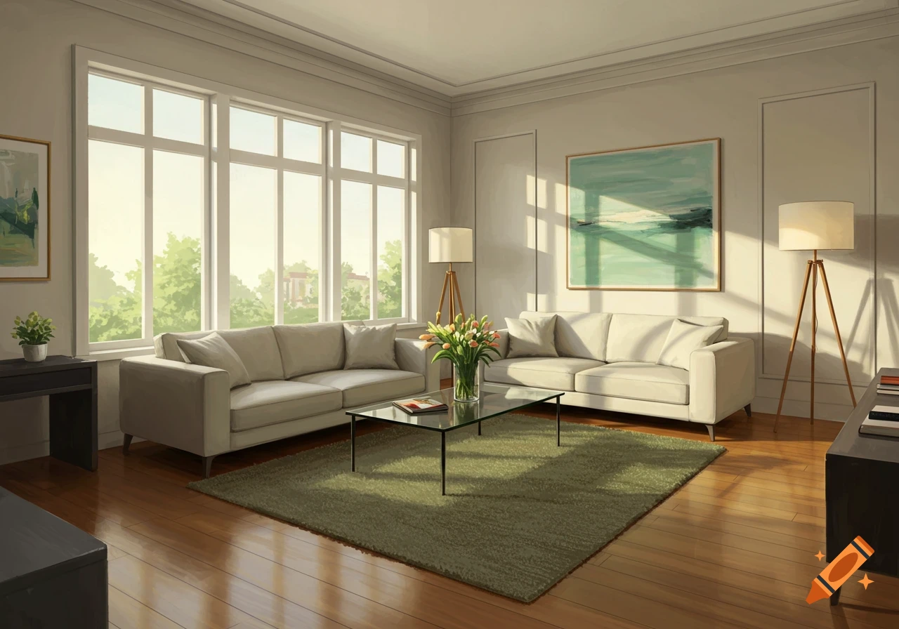 A bright, modern living room with two beige sofas, a glass coffee table with a vase of flowers, a green rug, and large windows.