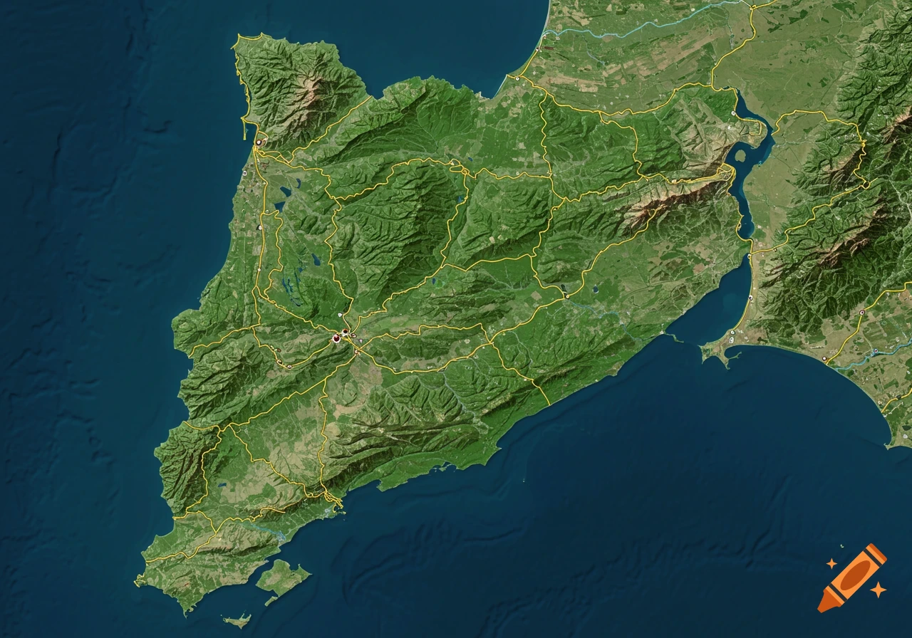 Photorealistic satellite map showing a green, mountainous coastal region with yellow administrative borders and visible relief.