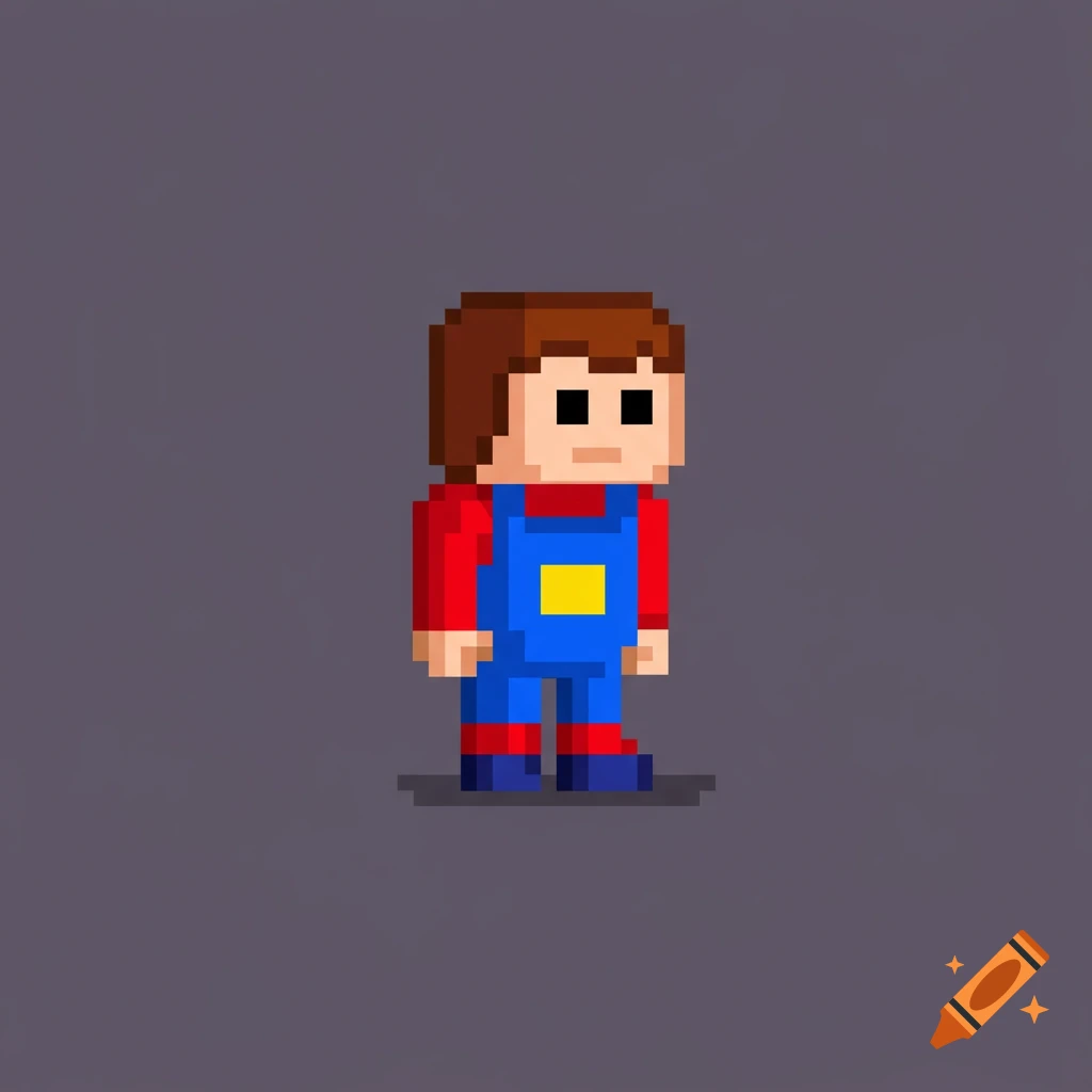 A simple 8-bit pixel art video game character with brown hair, a red shirt, and blue overalls, standing against a dark grey background.