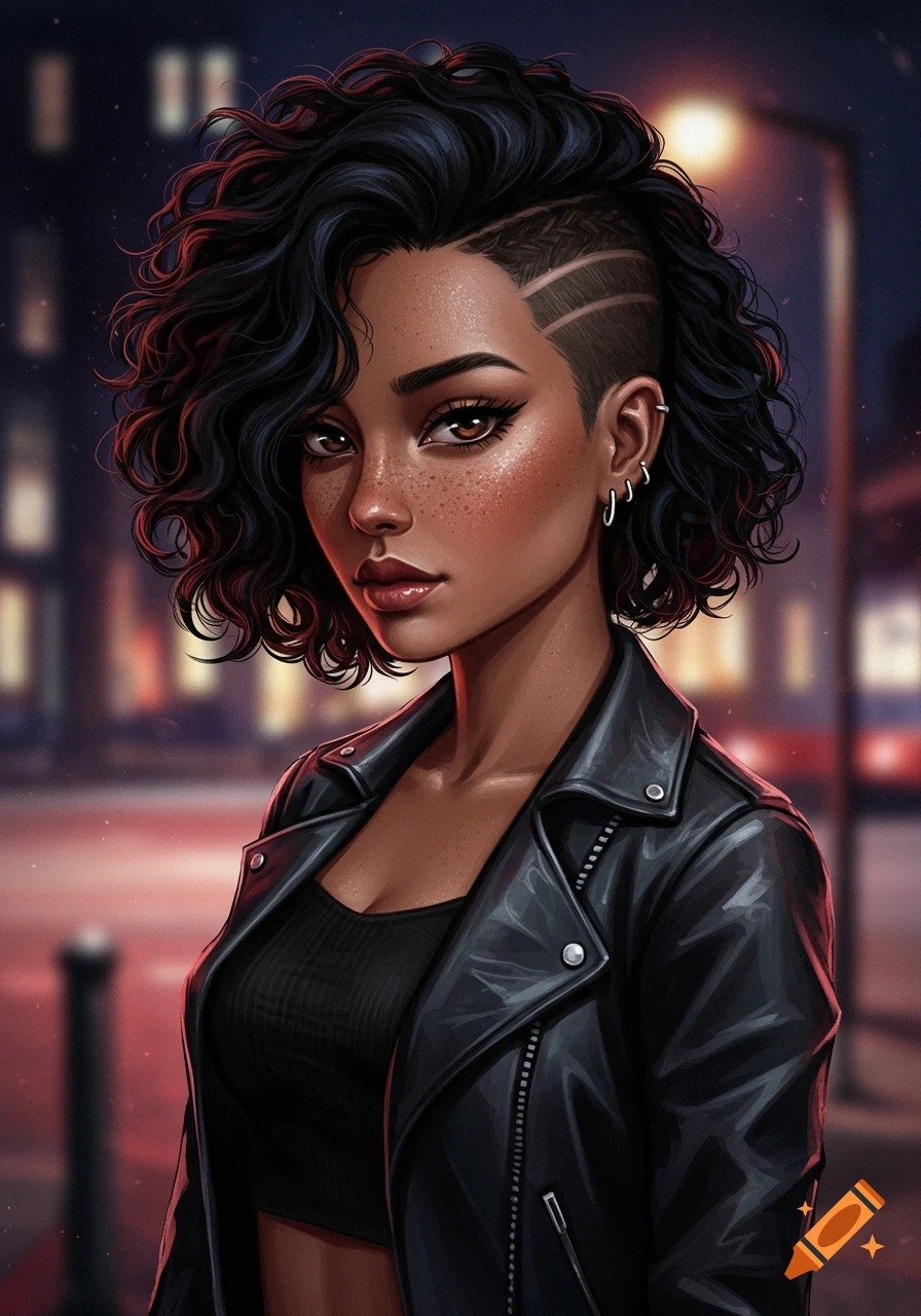 Anime-style digital illustration of a woman with dark curly hair and a shaved side, wearing a black leather jacket on a night street.