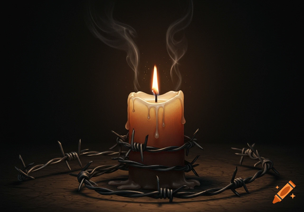 A burning pillar candle with melted wax drips, encircled by a strand of barbed wire on a dark, textured surface.