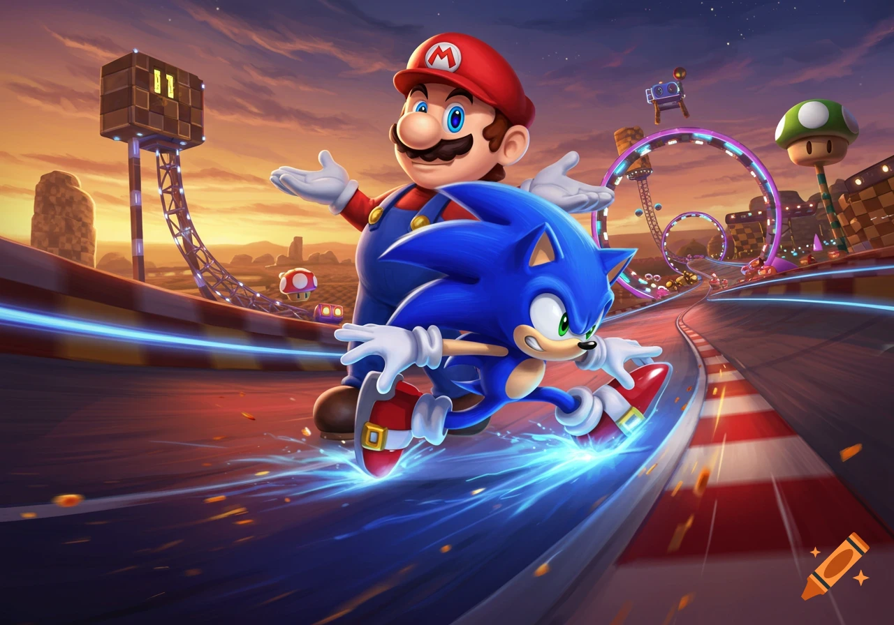 Sonic races on a futuristic track with blue glowing trails, as Mario shrugs behind him under a sunset sky.