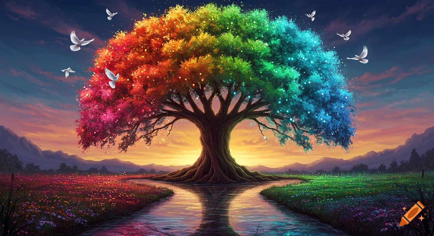 A vibrant, dreamlike landscape featuring a huge rainbow-colored tree with glowing lights, a splitting river, and white doves flying at sunset.