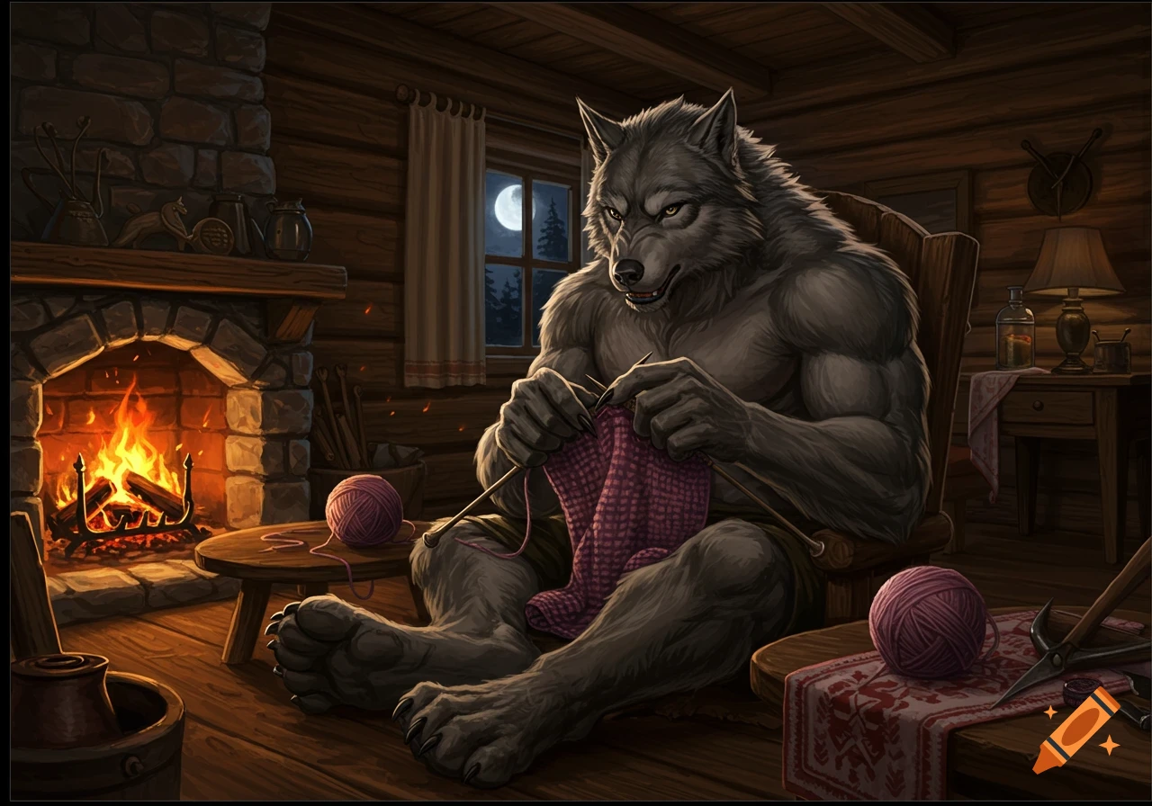A muscular werewolf sits in a cozy log cabin, knitting a pink garment by a roaring fireplace. A full moon is seen outside a window.
