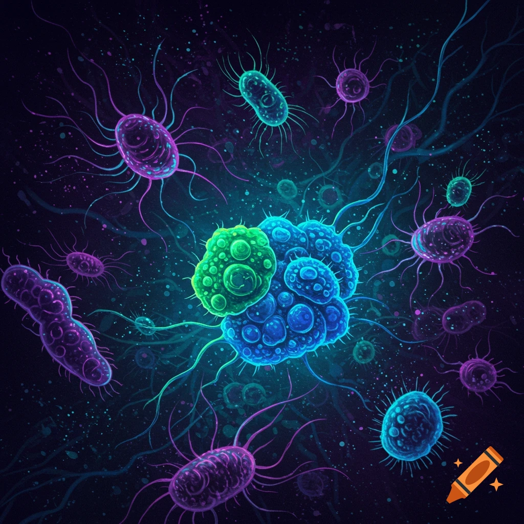 Vibrant neon-colored microorganisms, bacteria, and viruses float in a dark, speckled microscopic environment.