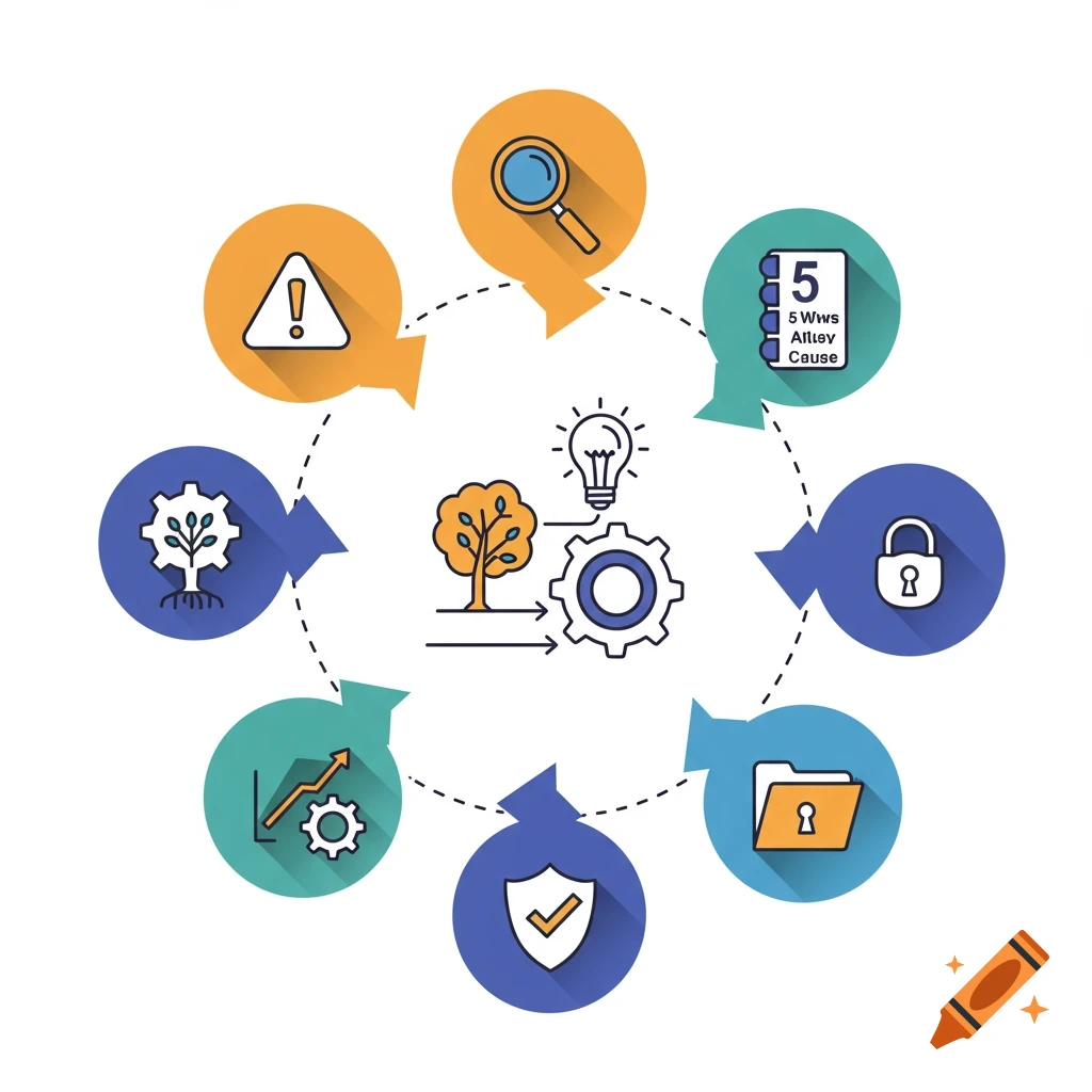 A flat design infographic depicting a seven-step cyclical business process with various icons.