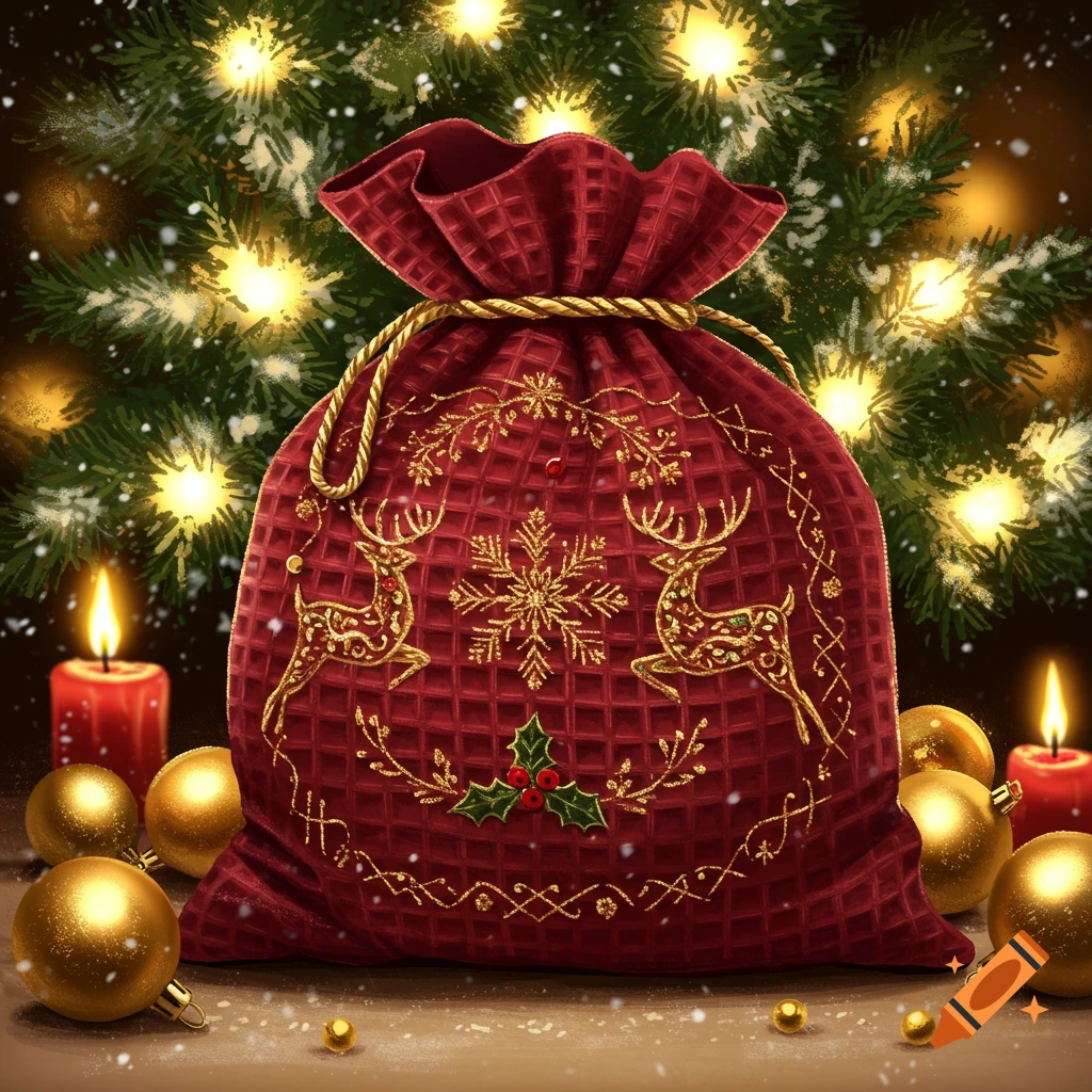 A red Christmas gift bag with gold embroidered reindeer and snowflake, surrounded by ornaments, candles, and a sparkling tree.