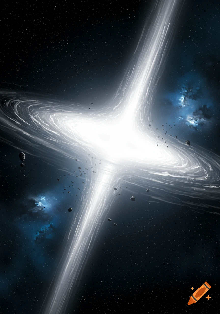 A vibrant white hole emitting a bright light and swirling energy, surrounded by asteroids in deep space with blue nebulae.