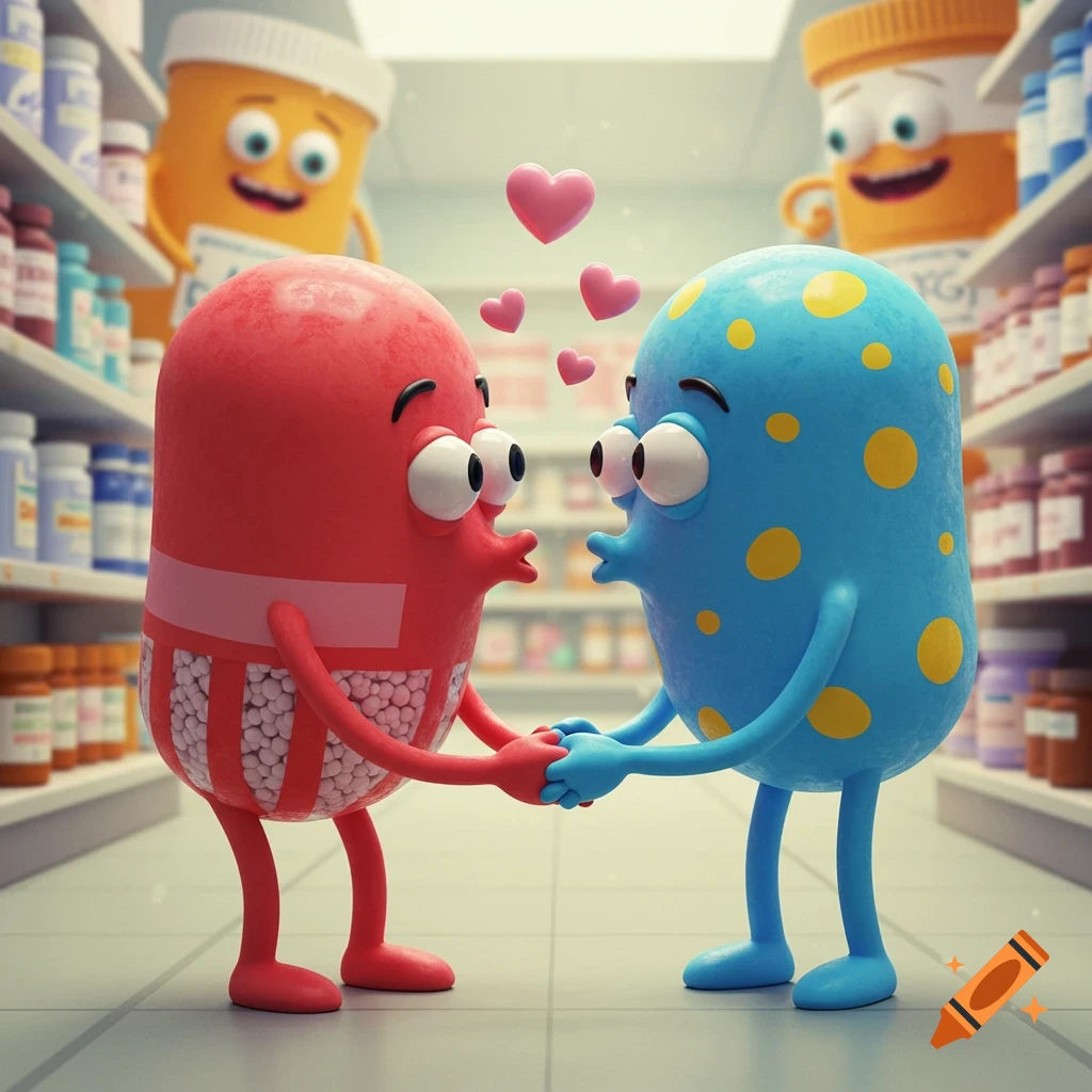 Two red and blue cartoon pills with faces hold hands and gaze affectionately at each other in a pharmacy aisle, with hearts floating above.