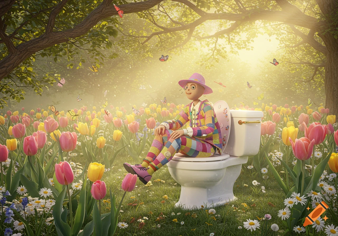 A whimsical cartoon character in a patchwork suit sits on a toilet in a vibrant field of pink and yellow tulips with butterflies, under a sunny sky.