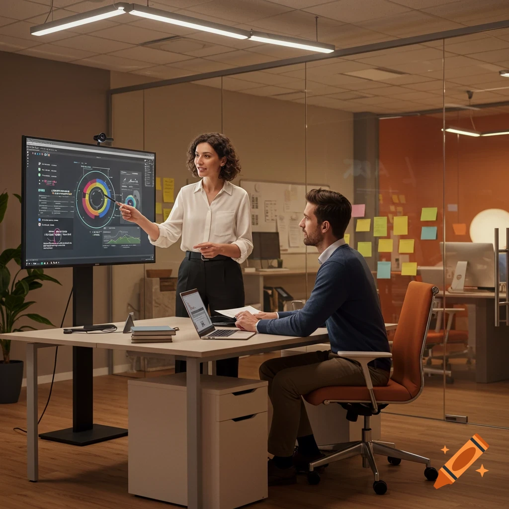 A woman presents data on a large screen to a man seated at a desk in a modern office.
