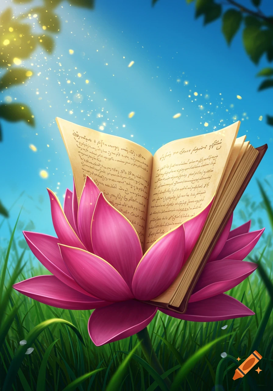 A vibrant pink lotus flower with an open book in its center, set in green grass under a sunny blue sky with golden light.