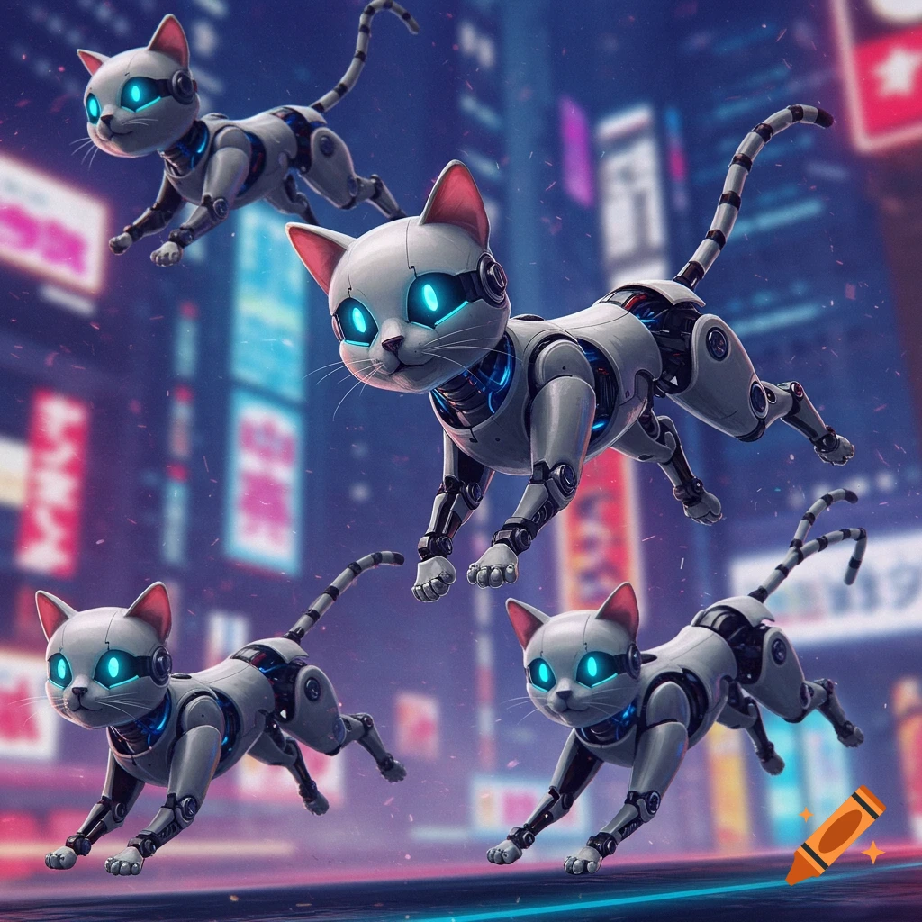 Four futuristic manga-style cyborg cats with glowing blue eyes float above a blurred cyberpunk city at night.