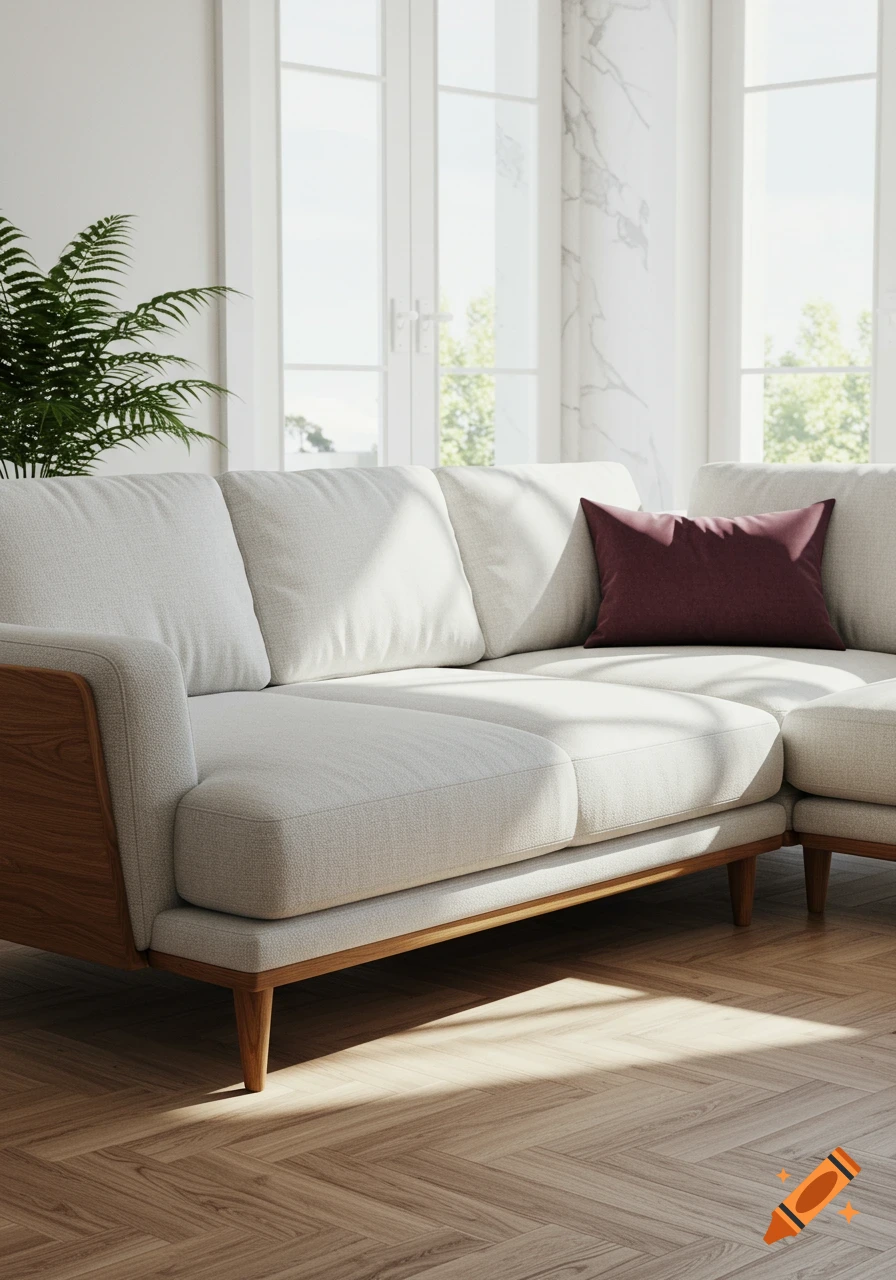 Modern light L-shaped sofa with wood trim and a red cushion in a bright room with large windows and a wooden floor.