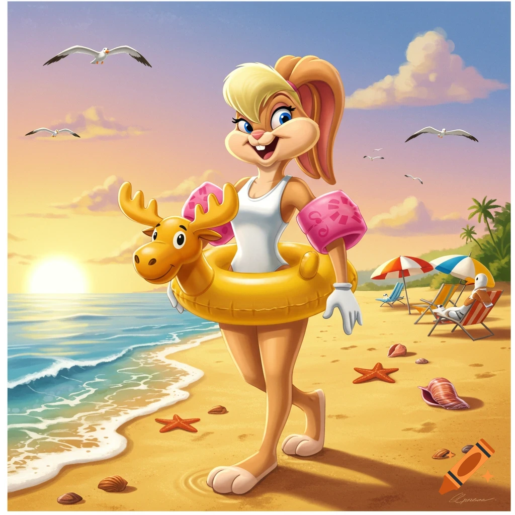 Smiling Lola Bunny in a white swimsuit, pink arm floaties, and a moose swim ring walks on a sunny beach at sunset, with ocean waves and seagulls, in a cartoon style.