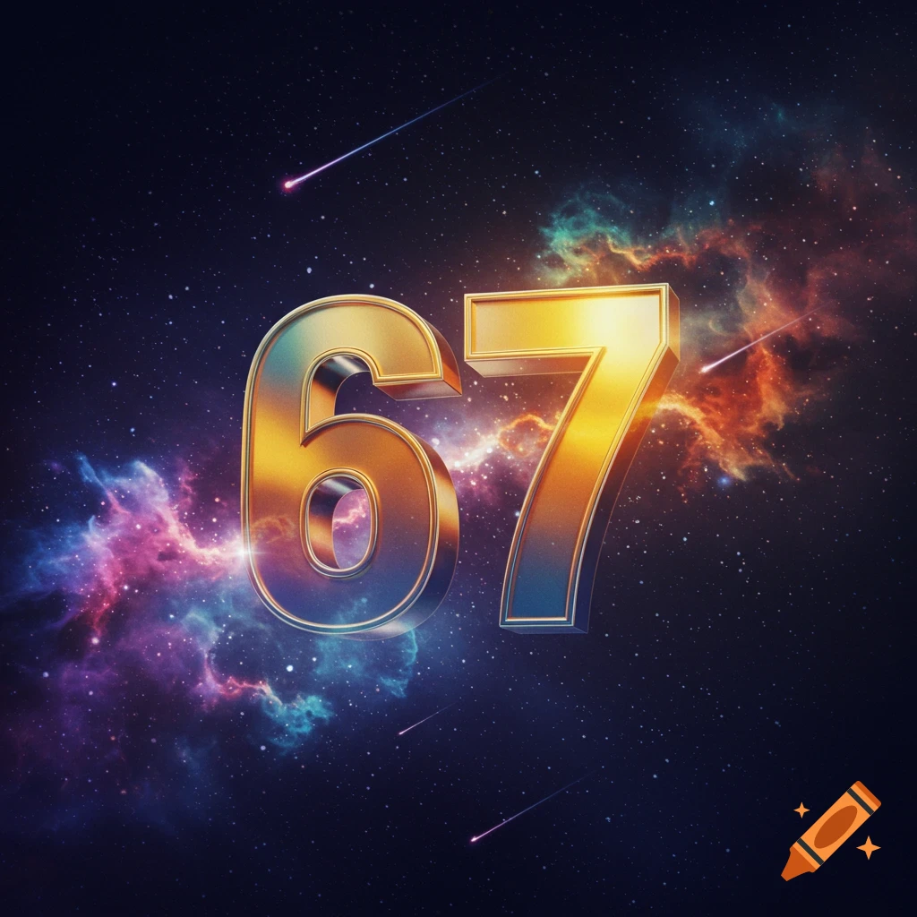 Golden 3D numbers 67 floating in a cosmic scene with colorful nebulae and distant stars.
