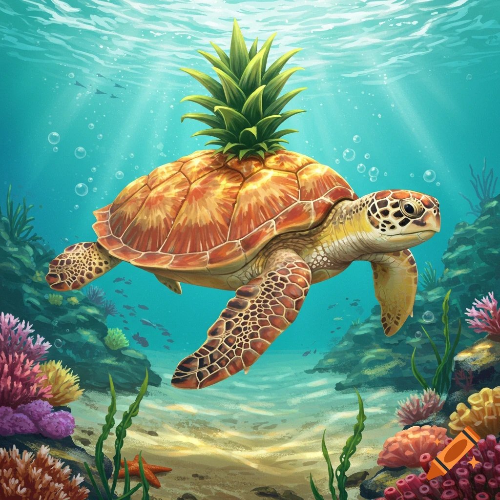 A sea turtle with a pineapple shell swims in a vibrant coral reef, with rays of light penetrating the clear blue water.