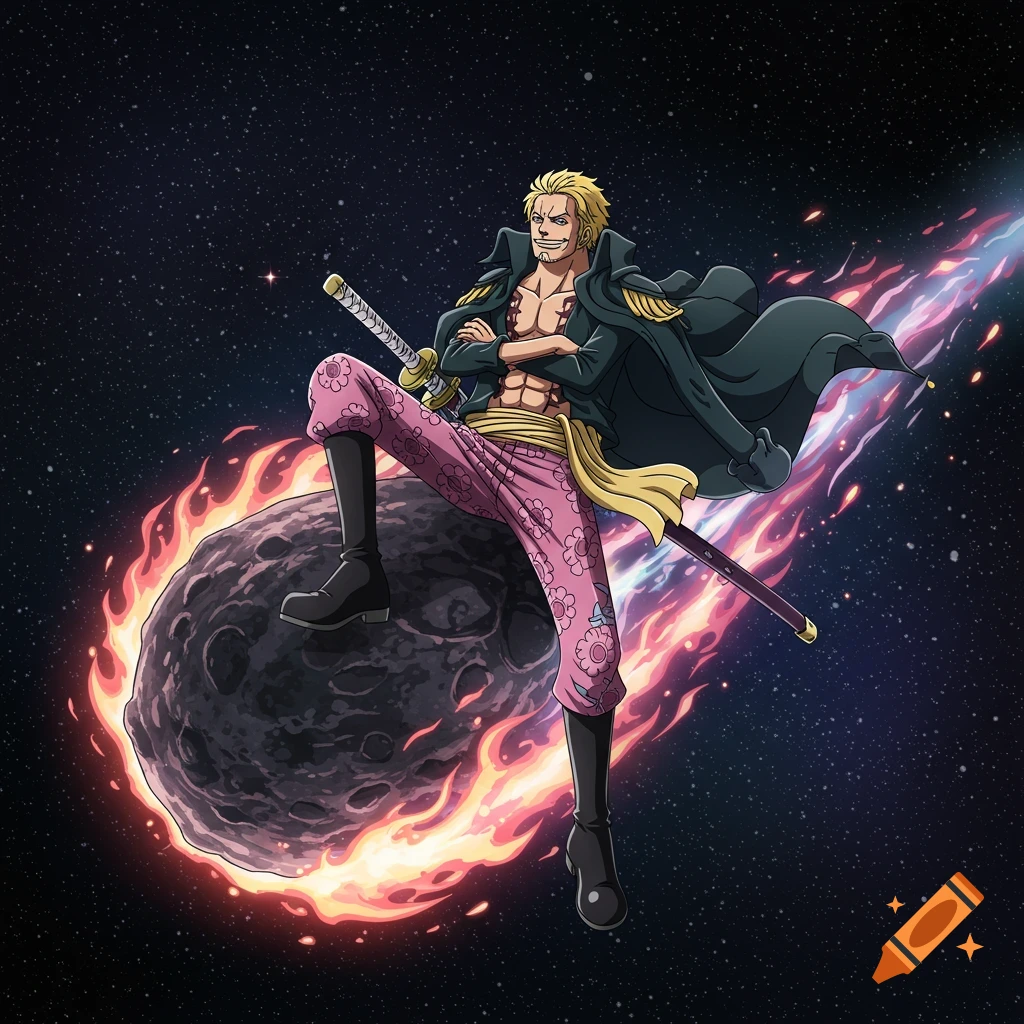 An anime character with blond hair and pink floral pants stands on a fiery meteor in space, holding a sword.