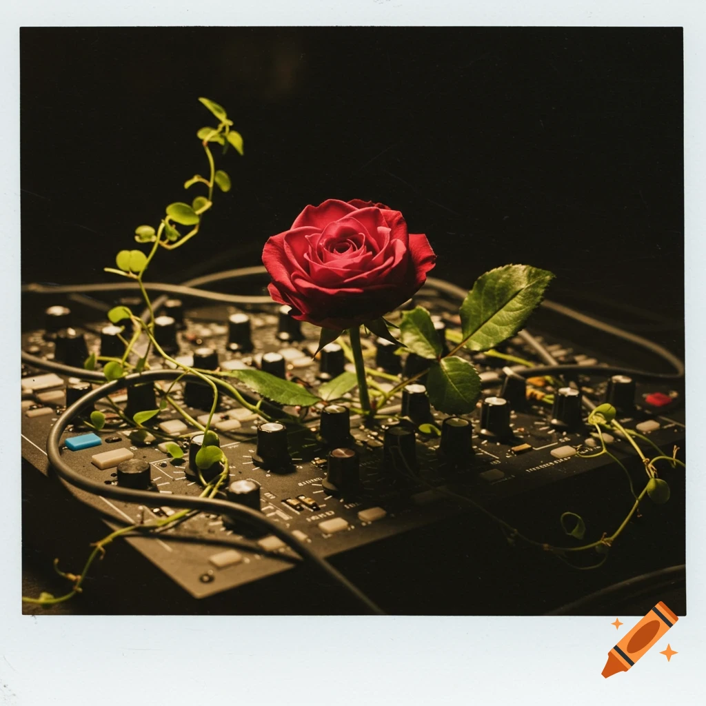 A vibrant red rose and green vines grow from a dark electronic music synthesizer or MIDI controller, framed like a polaroid photo.