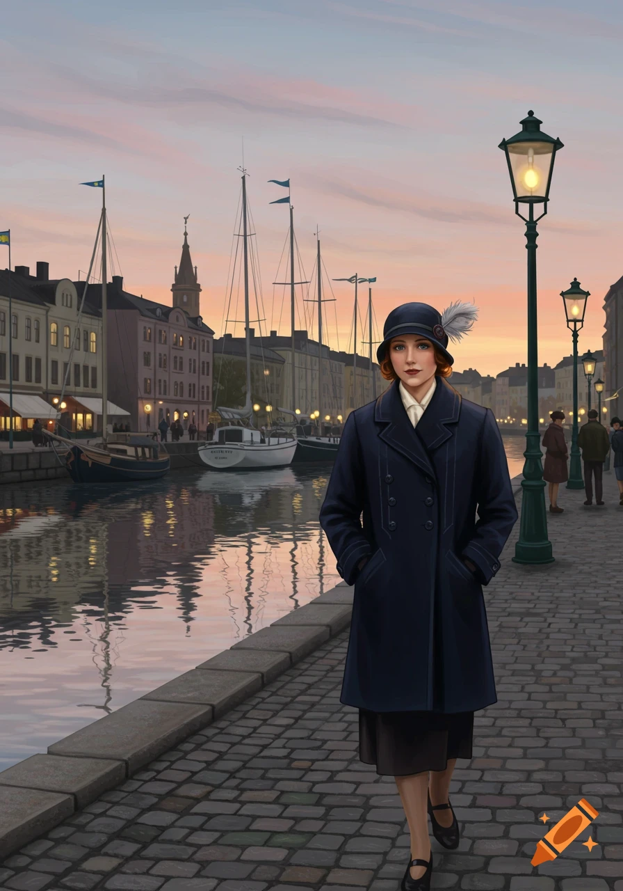 A woman in 1930s attire walks along a cobblestone canal-side street at sunset, with boats and buildings reflecting in the water.