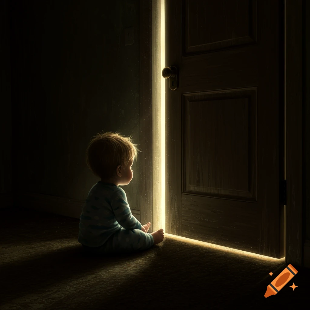 A baby in pajamas sits on the floor in a dark room, gazing at light shining through a closed door.