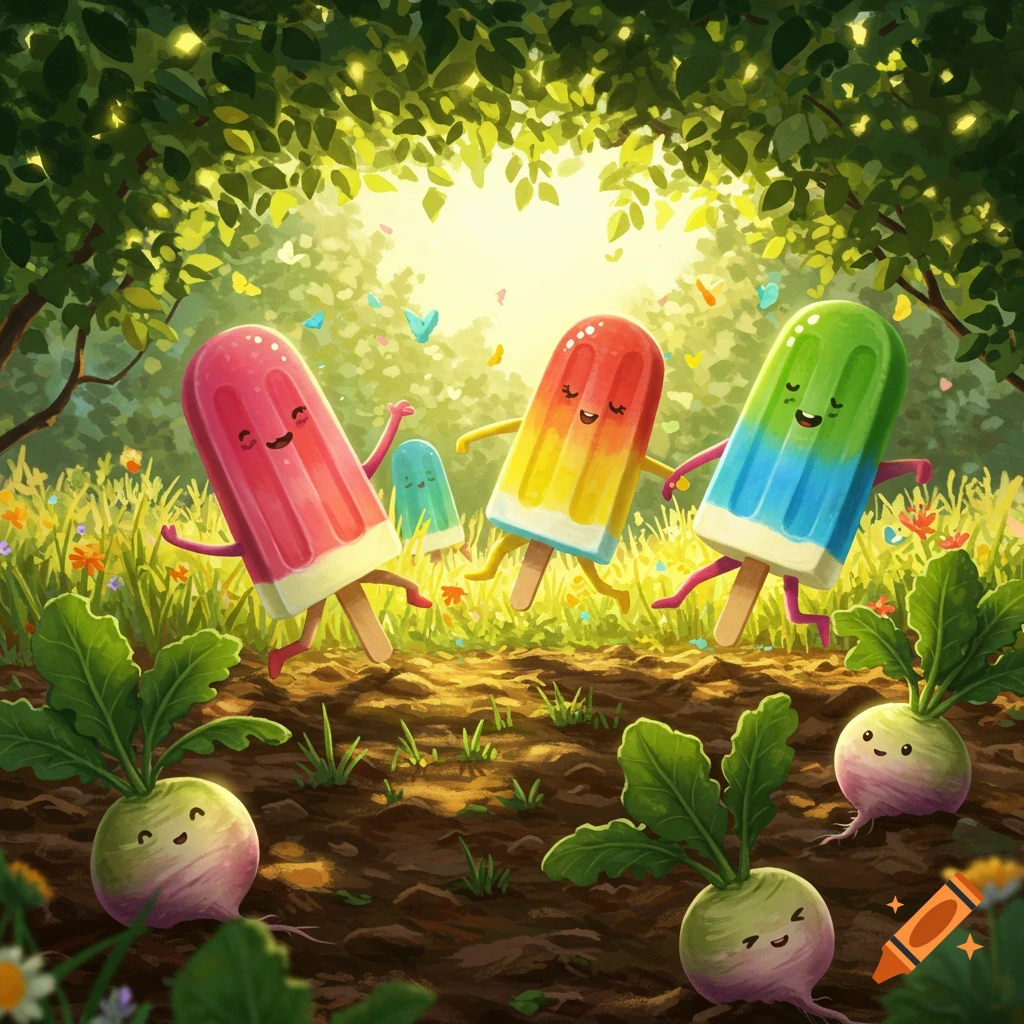 Whimsical cartoon of colorful popsicles dancing happily in a sunny garden with smiling turnips.