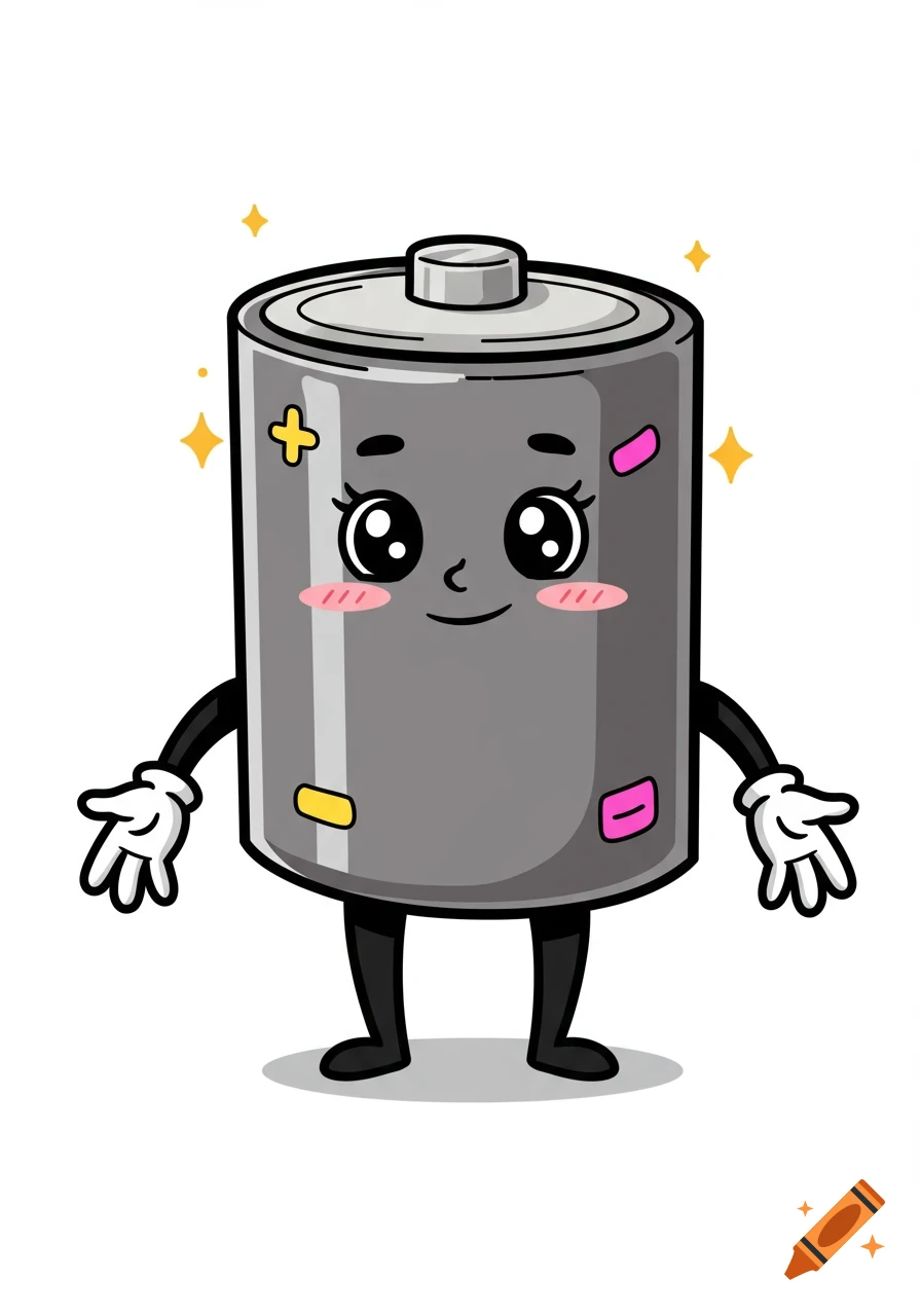 Cute 2D vector cartoon battery character with a motherly face, big eyes, rosy cheeks, and black arms and legs.