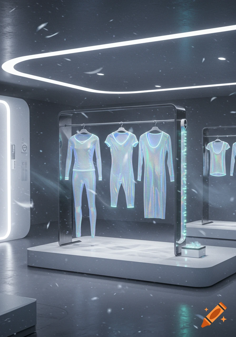 Three iridescent futuristic outfits on hangers in a minimalist, neon-lit display room with floating white particles.