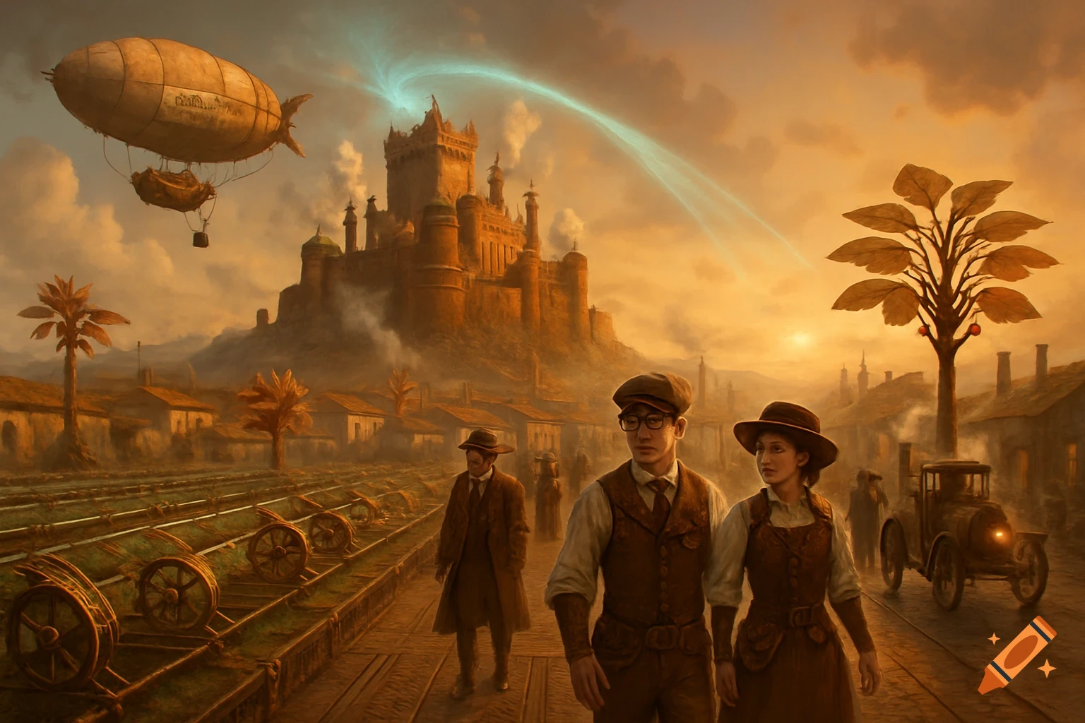 A panoramic view of a steampunk town at sunset, featuring a majestic castle, an airship, and people in Victorian-era attire.