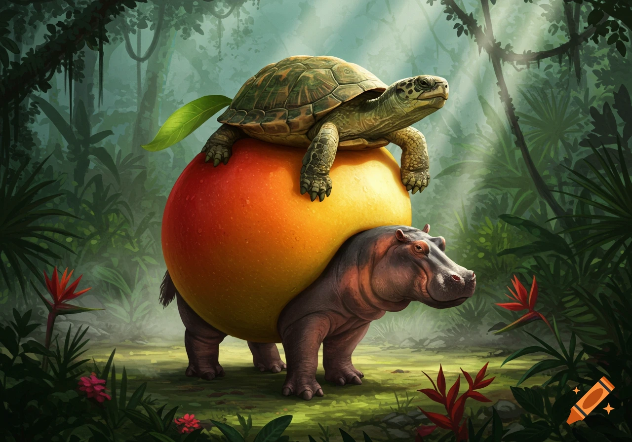 A whimsical creature with a turtle head, a mango for a body, and hippo limbs stands in a lush jungle.