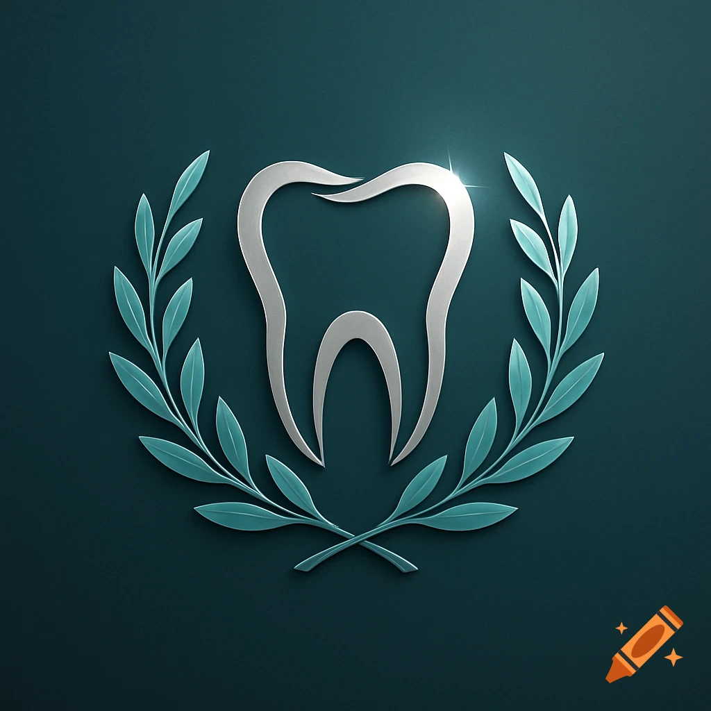 A stylized silver tooth emblem inside a teal laurel wreath on a dark teal background, resembling a professional dental logo.